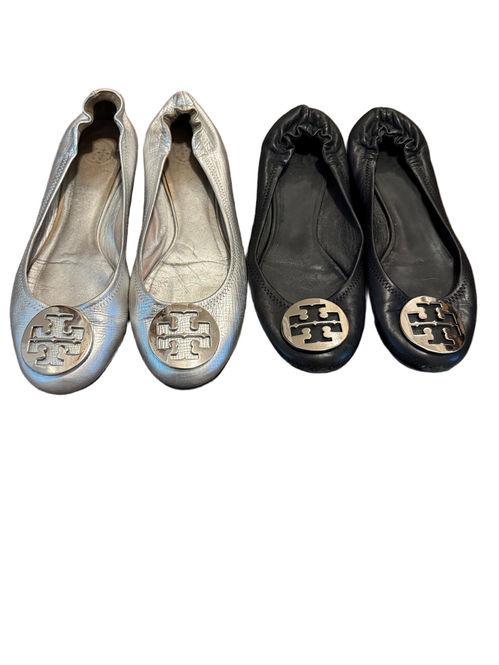 **Bundle**Tory Burch Metallic Silver and Black Logo Ballet Flats Size 9